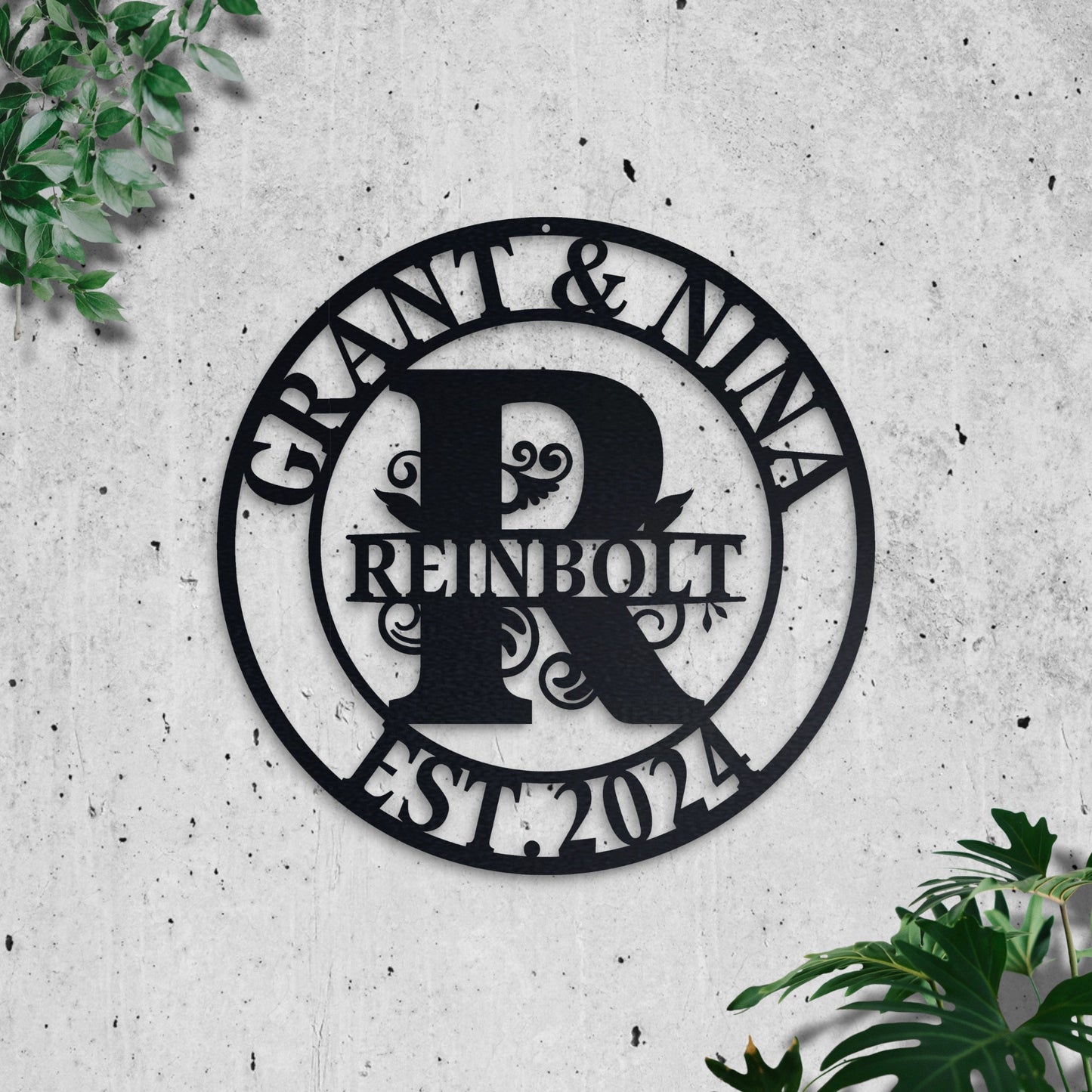 Custom Family Name Metal Sign, Couple Gift, Wedding Gift, Personalized Metal Wall Art, Metal Initial Door Hanger, Established Leafy Sign