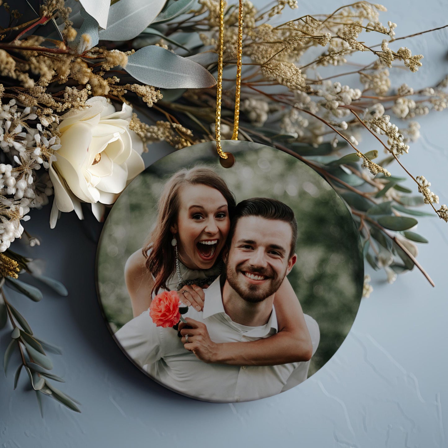 Couples Photo Christmas Ornament, Personalized Picture Keepsake Gift, Ceramic Ornament, Add Names and Year