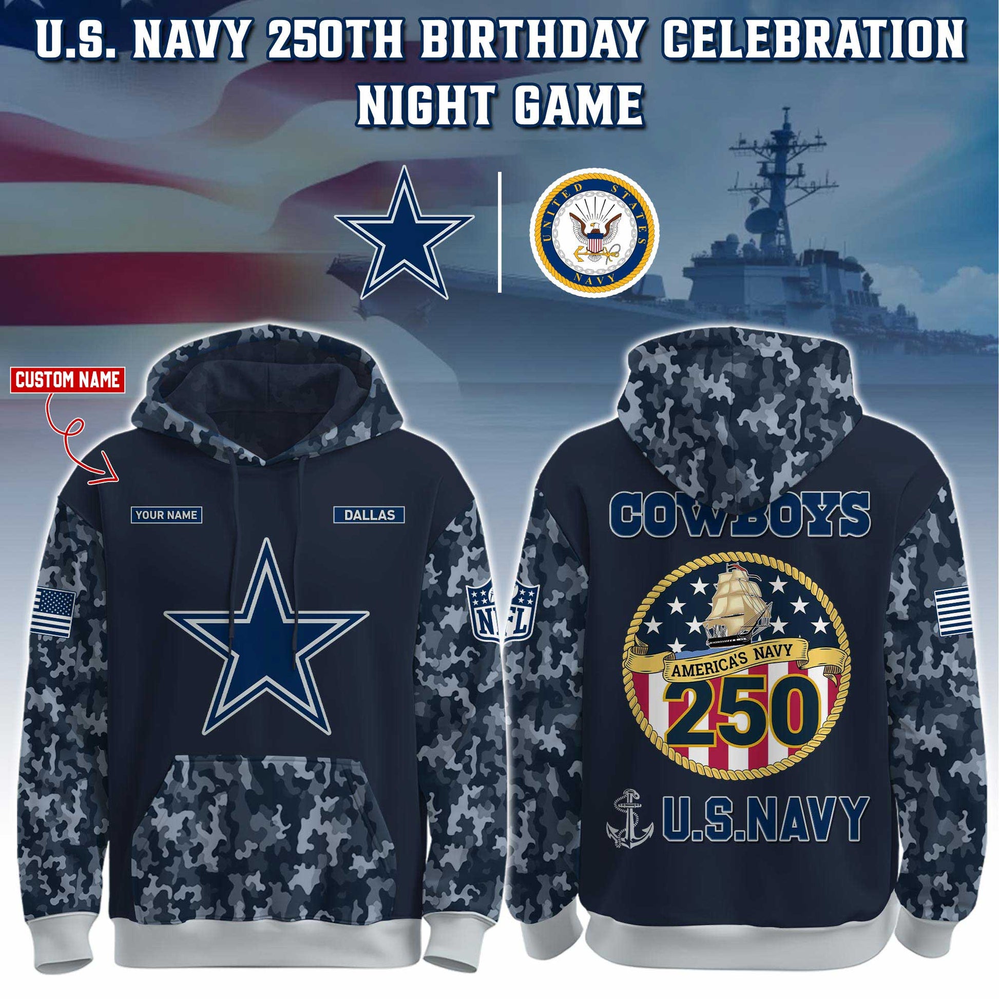 Dallas Cowboys Navy 250th Birthday Hoodie Limited Edions
