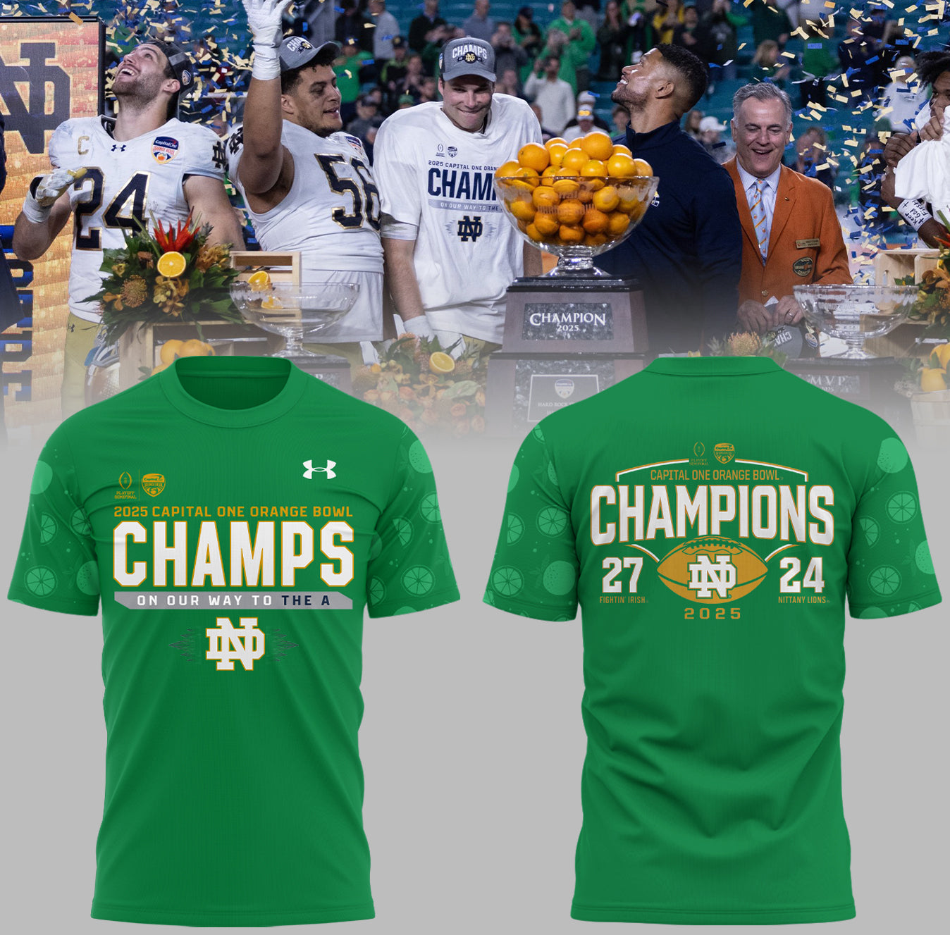 Notre Dame Fighting Irish Football NCAA Under Armour Limited Orange Bowl Champions Green TShirt