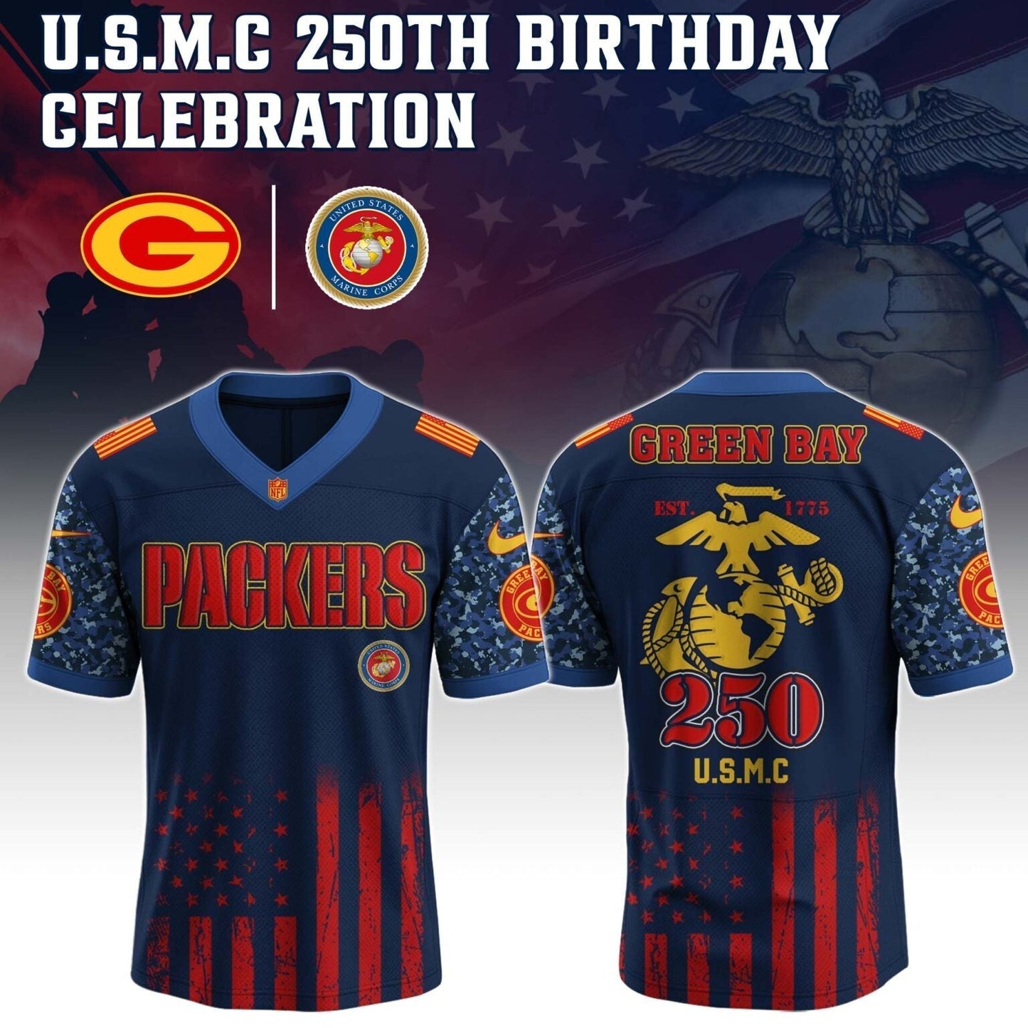 Green Bay Packers x U.S.M.C 250TH Birthday Special Edition Jersey - Tycheco