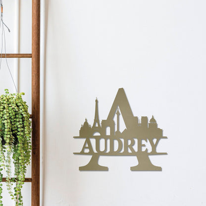 Personalized Name Sign with Paris Silhouette, Metal Monogram Sign, Metal Wall Art, Housewarming Sign Gift, Paris City Skyline Wall Decor