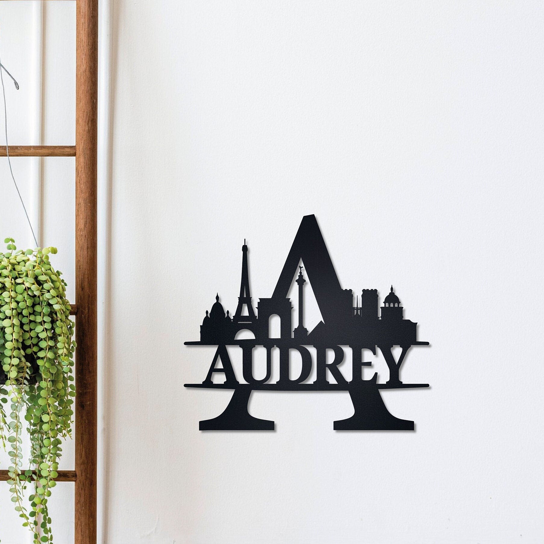 Personalized Name Sign with Paris Silhouette, Metal Monogram Sign, Metal Wall Art, Housewarming Sign Gift, Paris City Skyline Wall Decor