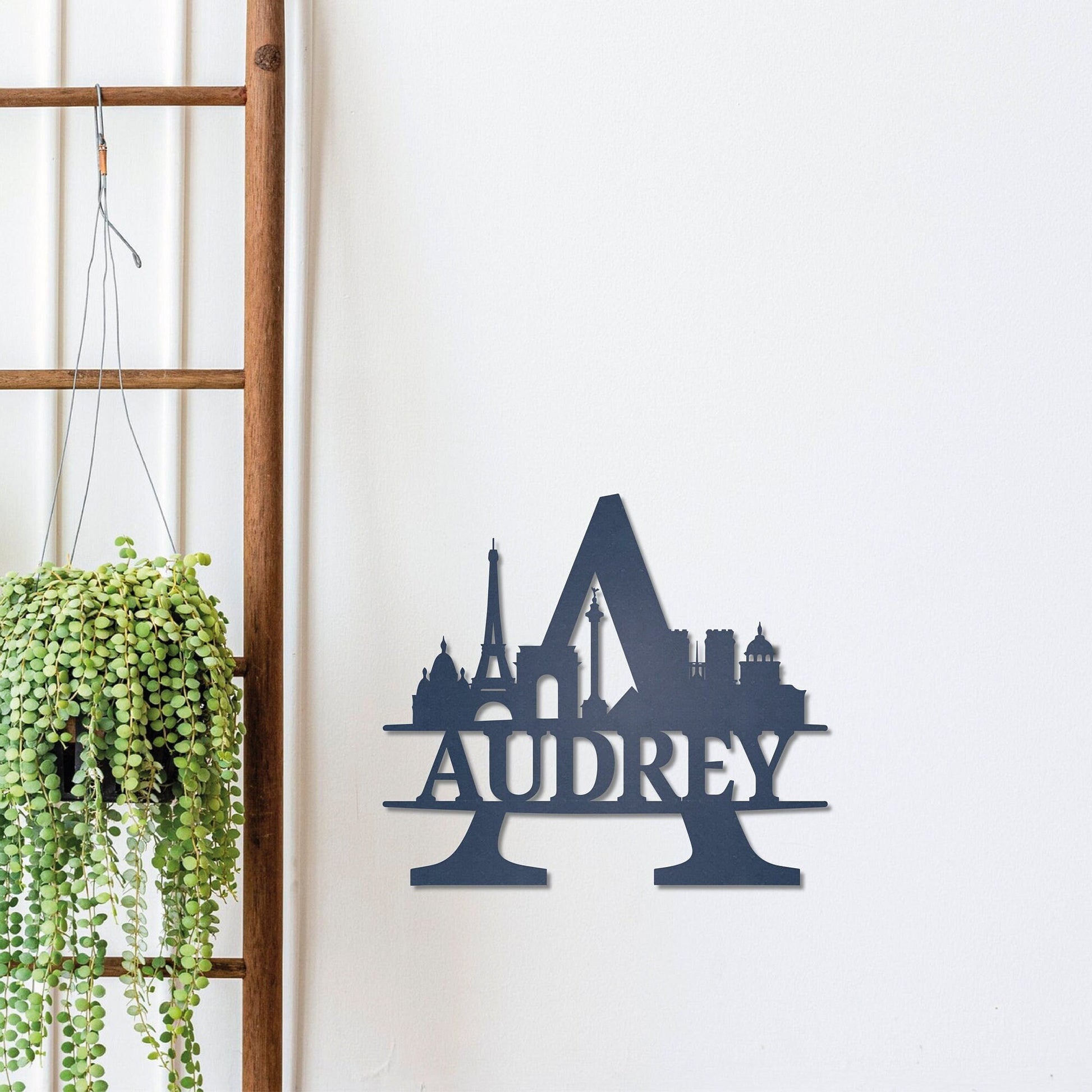 Personalized Name Sign with Paris Silhouette, Metal Monogram Sign, Metal Wall Art, Housewarming Sign Gift, Paris City Skyline Wall Decor