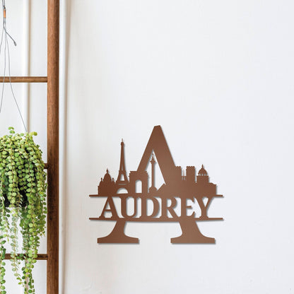 Personalized Name Sign with Paris Silhouette, Metal Monogram Sign, Metal Wall Art, Housewarming Sign Gift, Paris City Skyline Wall Decor