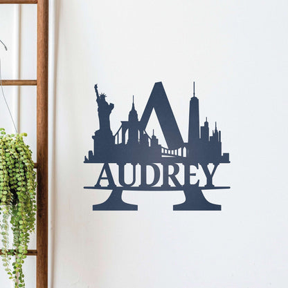 Personalized Name Sign with New York Silhouette, Metal Monogram Sign, Metal Wall Art, Housewarming Sign Gift, New York Skyline Wall Decor