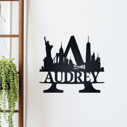 Personalized Name Sign with New York Silhouette, Metal Monogram Sign, Metal Wall Art, Housewarming Sign Gift, New York Skyline Wall Decor