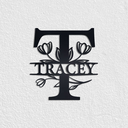 Tulip Custom Metal Name Sign, Personalized Metal Wall Art, Custom Monogram Family Name Sign, Metal Initial Wall Decor, Custom Floral Sign