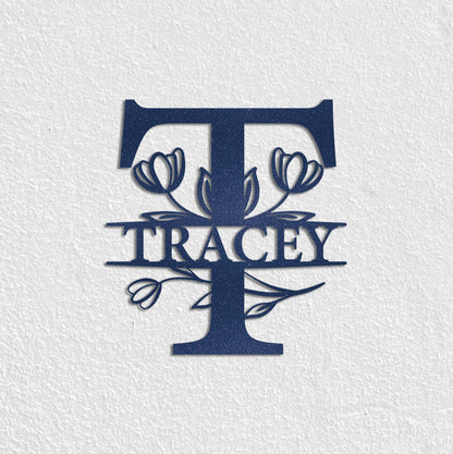 Tulip Custom Metal Name Sign, Personalized Metal Wall Art, Custom Monogram Family Name Sign, Metal Initial Wall Decor, Custom Floral Sign