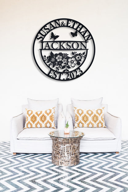 Personalized Family Last Name Metal Sign, Couple Gift, Elegant Floral Metal Name Sign, Custom Metal Signs, Wedding Decor, Anniversary Gift