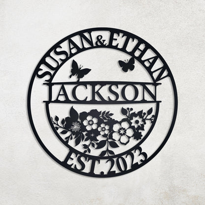 Personalized Family Last Name Metal Sign, Couple Gift, Elegant Floral Metal Name Sign, Custom Metal Signs, Wedding Decor, Anniversary Gift