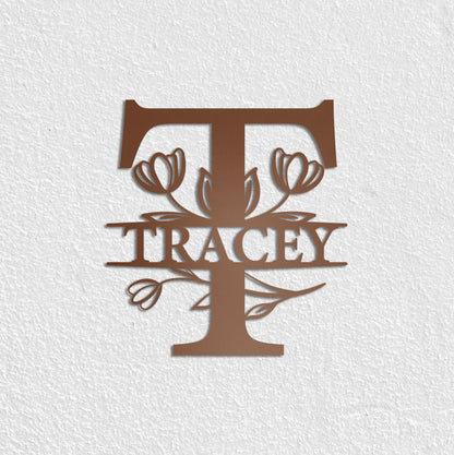 Tulip Custom Metal Name Sign, Personalized Metal Wall Art, Custom Monogram Family Name Sign, Metal Initial Wall Decor, Custom Floral Sign