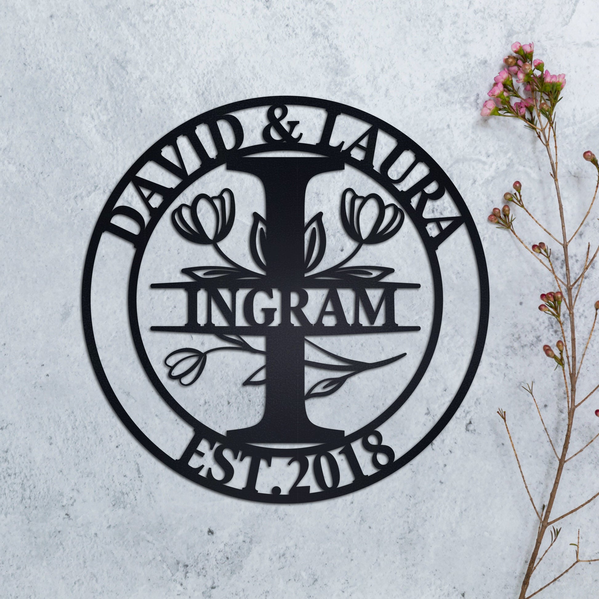 Personalized Family Name Metal Sign, Tulip Patterned Metal Sign, Last Name Sign, Custom Metal Signs, Metal Wedding Decor, Anniversary Gift