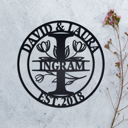 Personalized Family Name Metal Sign, Tulip Patterned Metal Sign, Last Name Sign, Custom Metal Signs, Metal Wedding Decor, Anniversary Gift