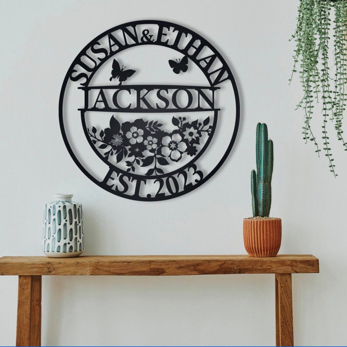 Personalized Family Name Metal Sign, Floral Metal Name Sign, Custom Metal Signs, Backyard Metal Sign, Wedding Decor, Anniversary Gift