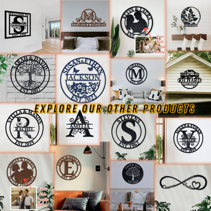 Custom Name Sign, Elegant Personalized Metal Wall Art, Metal Initial Door Hanger, Wedding Gift, Established Leafy Sign