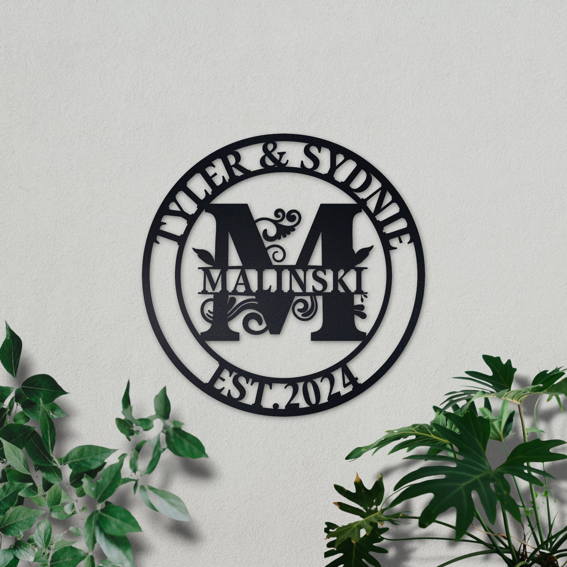 Custom Family Name Metal Sign, Couple Gift, Wedding Gift, Personalized Metal Wall Art, Metal Initial Door Hanger, Established Leafy Sign