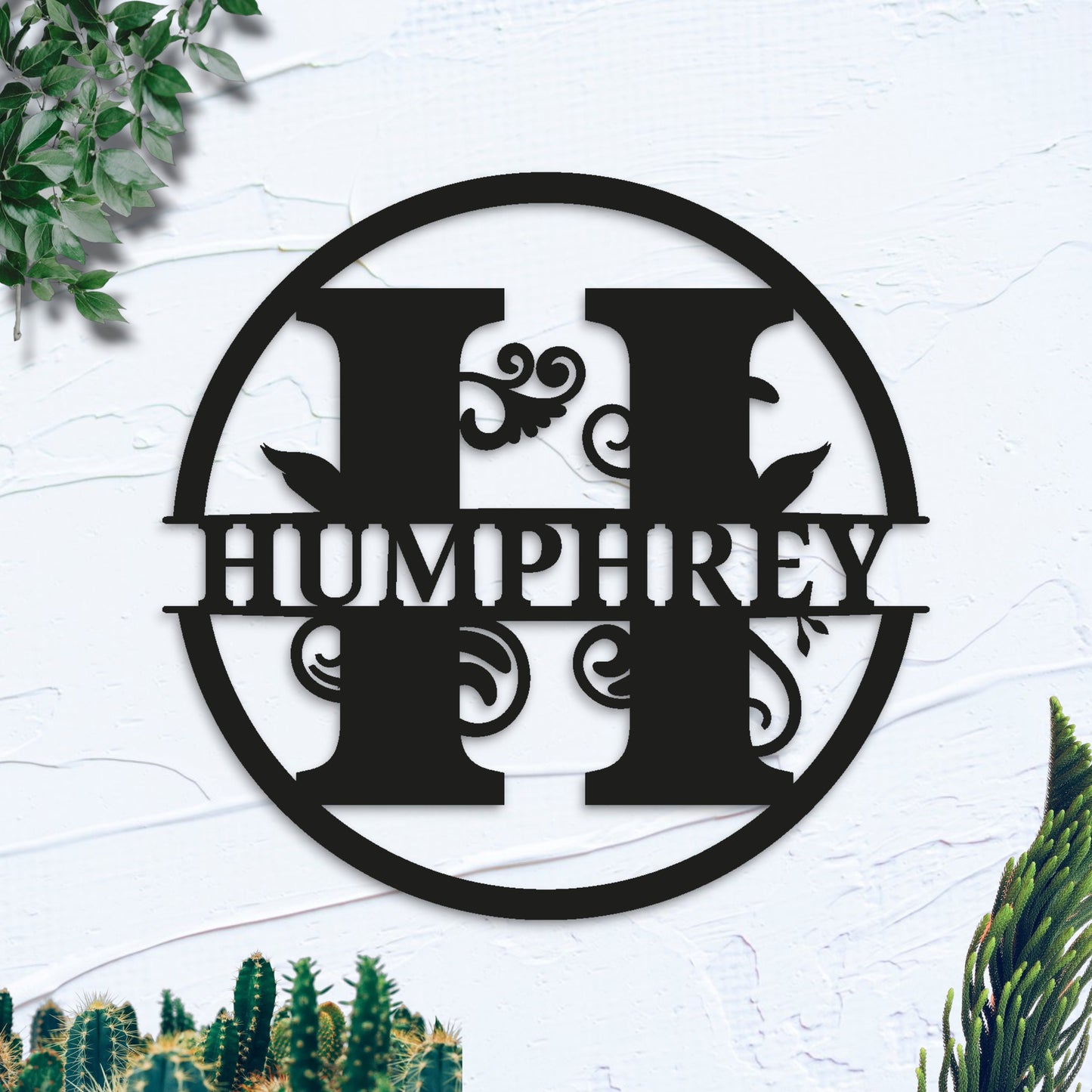 Custom Name Metal Sign, Gifts for Him Her, Metal Wall Art, Stylish Metal Initial Door Hanger, Leafy Sign, Metal Initial Door Hanger