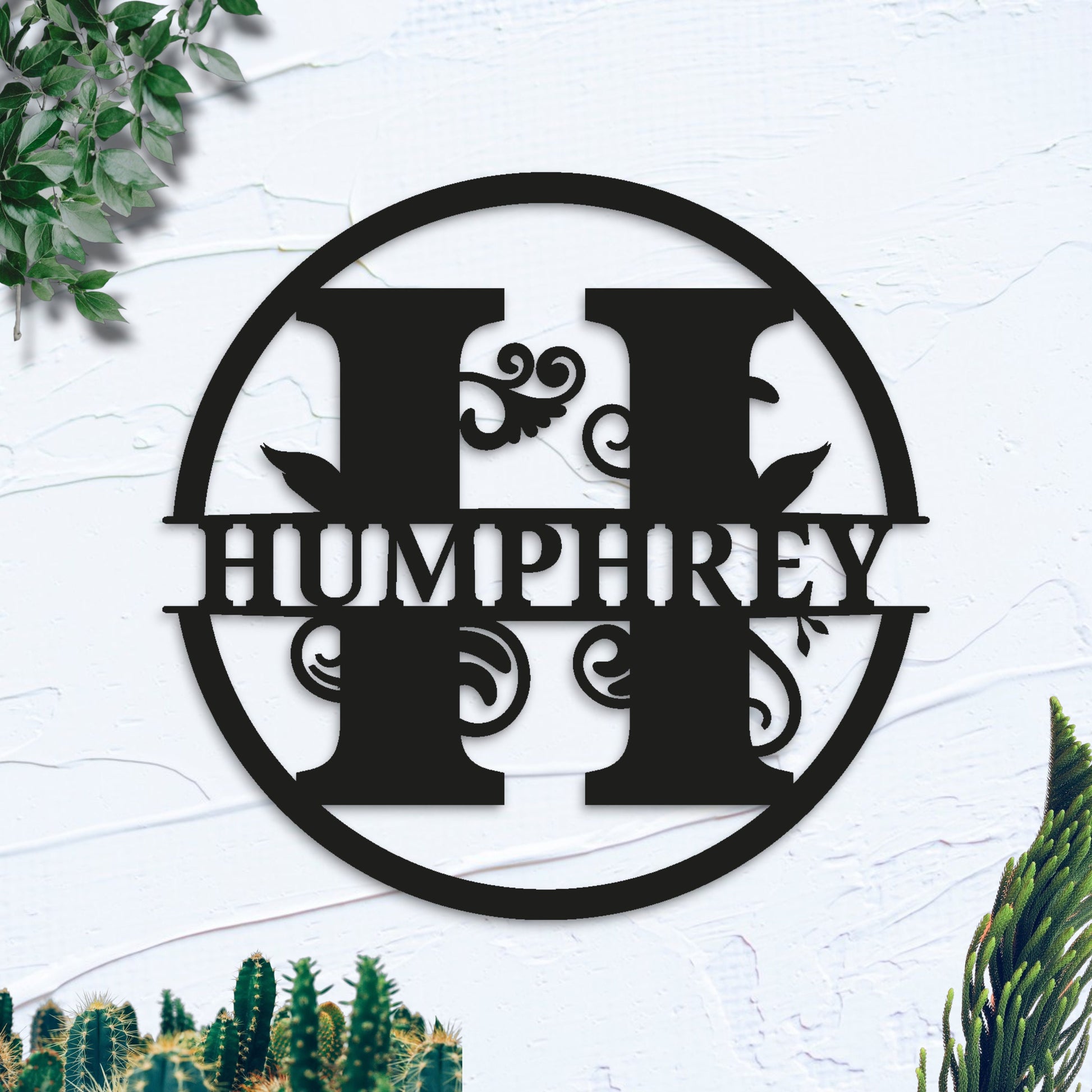 Custom Name Metal Sign, Gifts for Him Her, Metal Wall Art, Stylish Metal Initial Door Hanger, Leafy Sign, Metal Initial Door Hanger