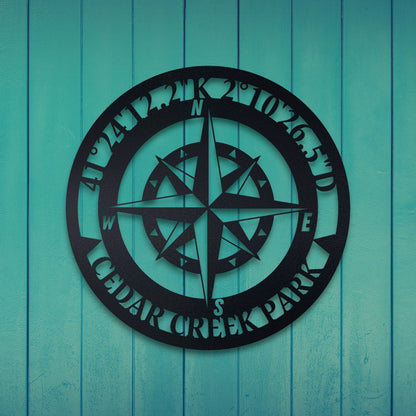 Custom Compass Metal Wall Art, Metal Wall Art with GPS Coordinates, Compass Metal Sign, Outdoor Metal Art, Compass Wall Decor