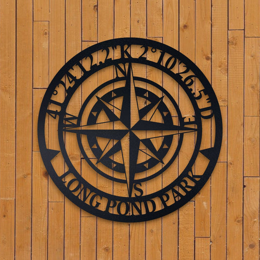 Personalized Compass Metal Wall Art, Metal Wall Art with GPS Coordinates, Custom Compass Metal Sign, Outdoor Metal Art