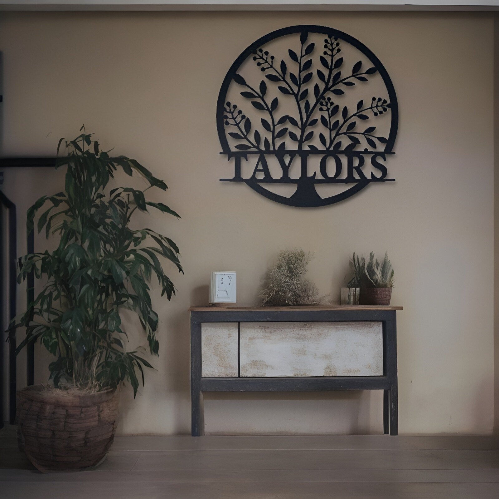 Custom Name Sign, Elegant Personalized Metal Wall Art, Metal Initial Door Hanger, Wedding Gift, Established Leafy Sign