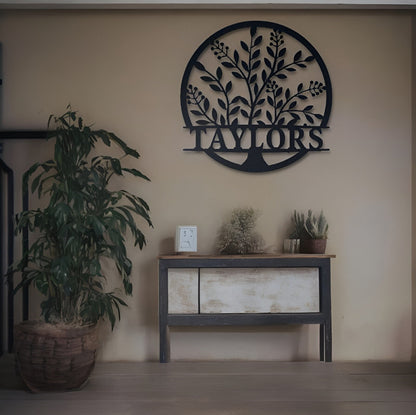 Custom Name Sign, Elegant Personalized Metal Wall Art, Metal Initial Door Hanger, Wedding Gift, Established Leafy Sign