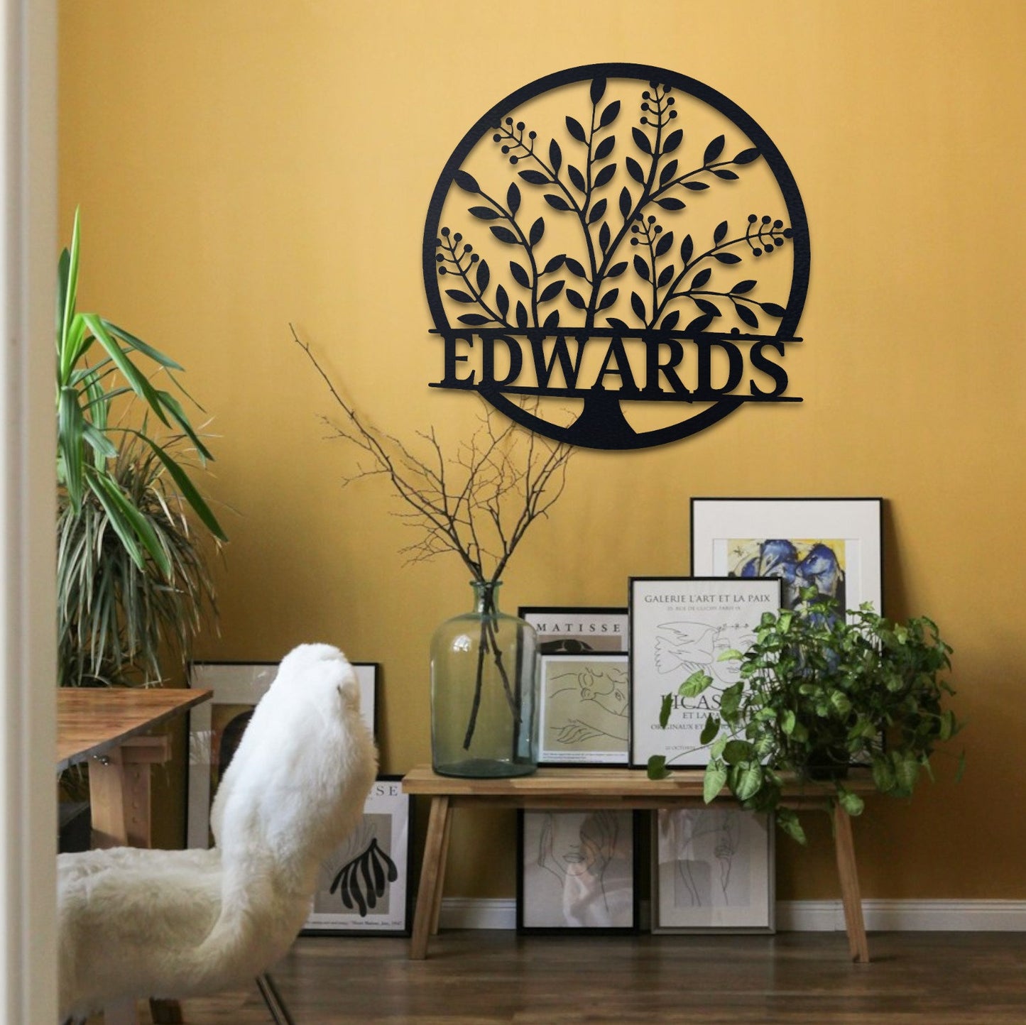 Custom Name Sign, Elegant Personalized Metal Wall Art, Metal Initial Door Hanger, Wedding Gift, Established Leafy Sign