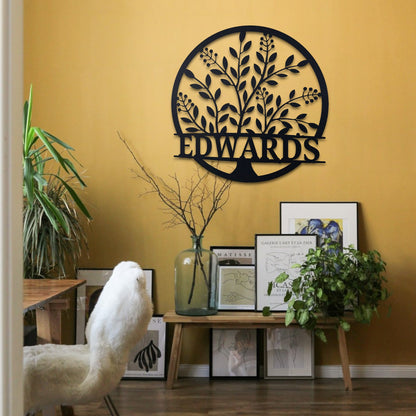 Custom Name Sign, Elegant Personalized Metal Wall Art, Metal Initial Door Hanger, Wedding Gift, Established Leafy Sign