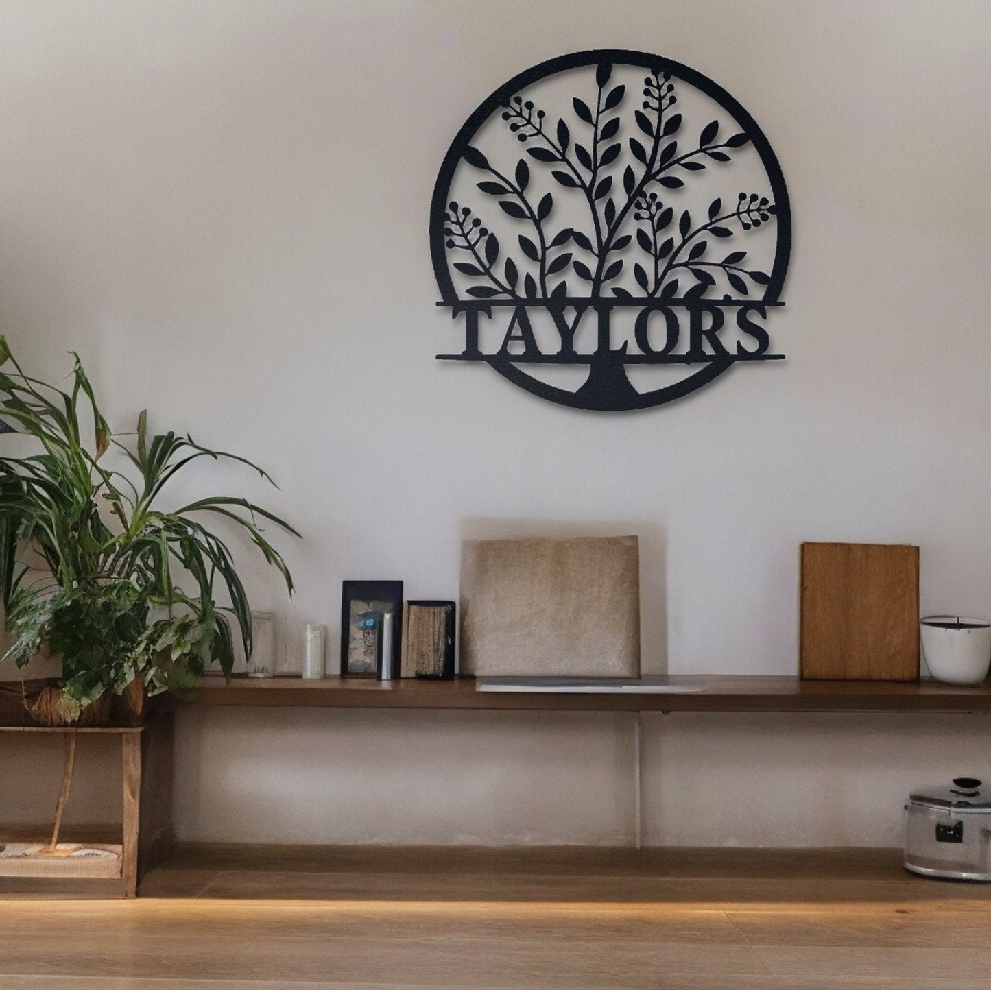 Custom Name Sign, Elegant Personalized Metal Wall Art, Metal Initial Door Hanger, Wedding Gift, Established Leafy Sign