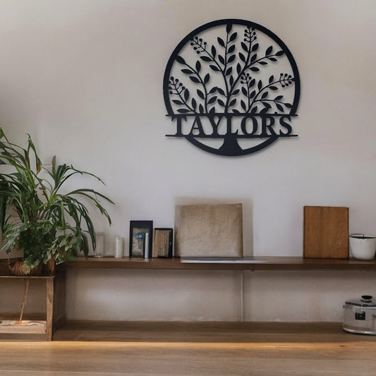 Custom Name Sign, Elegant Personalized Metal Wall Art, Metal Initial Door Hanger, Wedding Gift, Established Leafy Sign