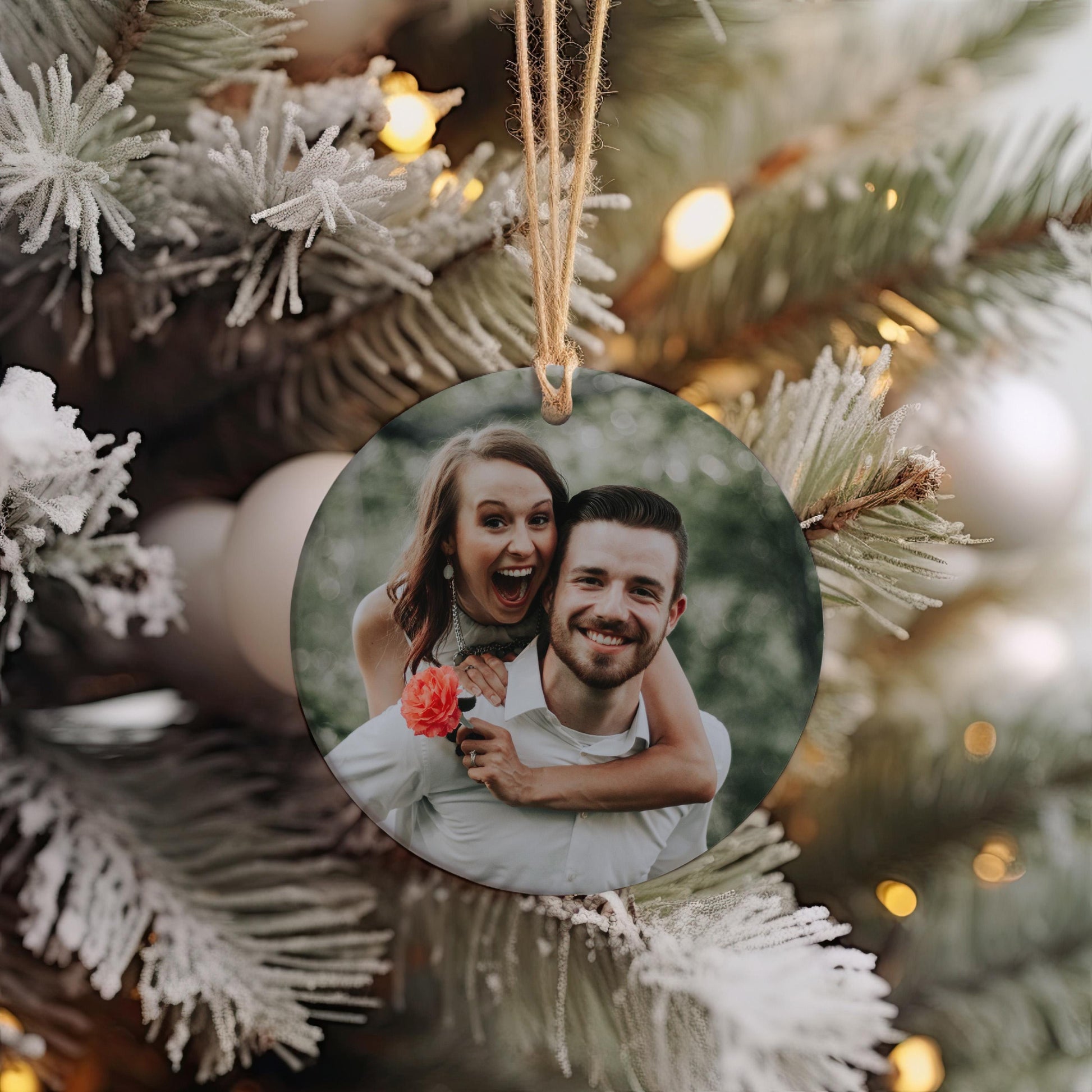 Couples Photo Christmas Ornament, Personalized Picture Keepsake Gift, Ceramic Ornament, Add Names and Year