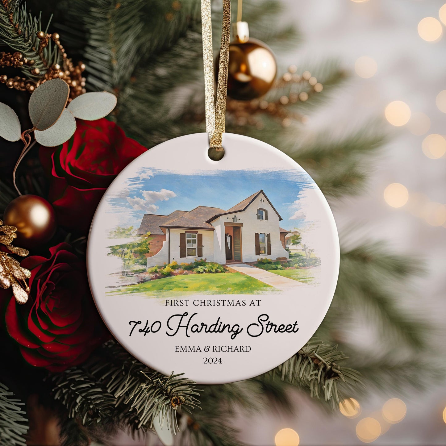 Personalized House Portrait Ornament, Watercolor New Home Christmas Gift, First Home Gift, Realtor Closing Gift