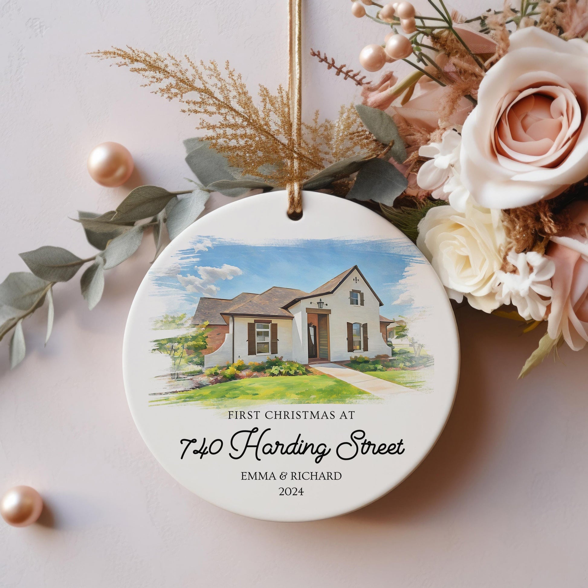 Personalized House Portrait Ornament, Watercolor New Home Christmas Gift, First Home Gift, Realtor Closing Gift
