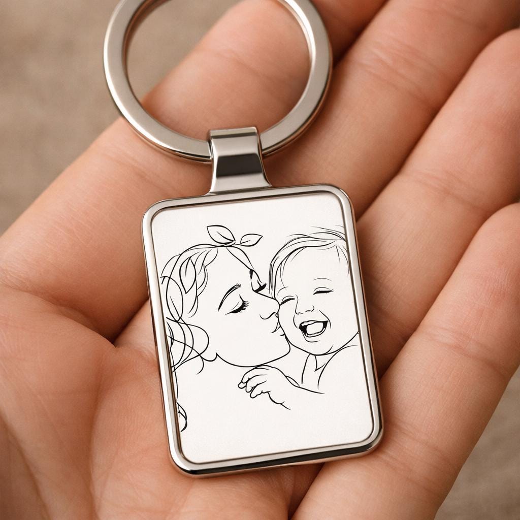 Personalized Line Art Keychain, Gift for Mom, Custom Baby Portrait Keychain