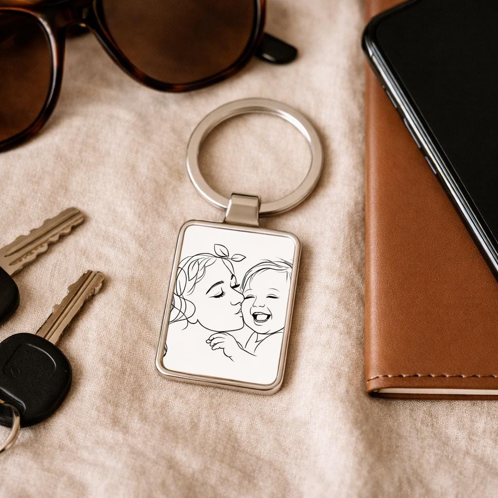 Personalized Line Art Keychain, Gift for Mom, Custom Baby Portrait Keychain